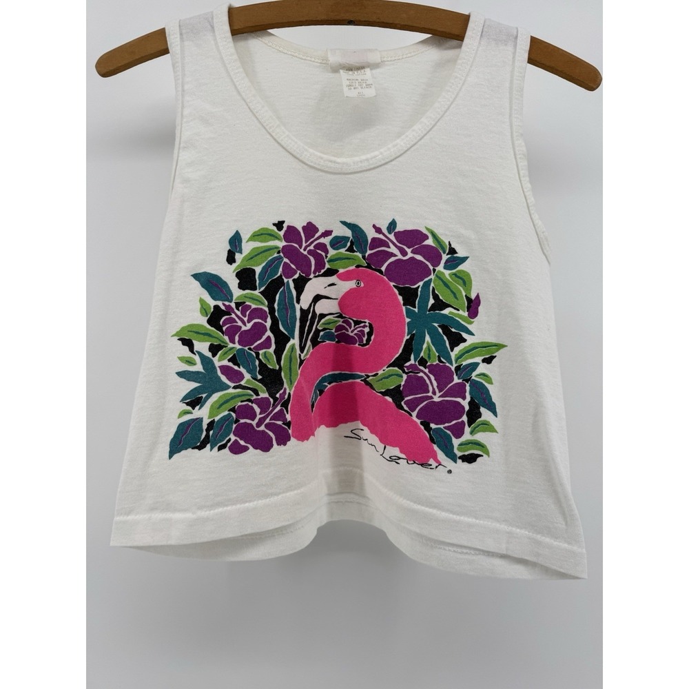 Vintage 80s Sun Lover Flamingo Floral Tank Top Size S Single Stitch Made in USA